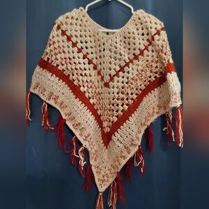 Handmade Crochet Poncho, Girl's Pink and Red Handmade Crochet Poncho, Size Large